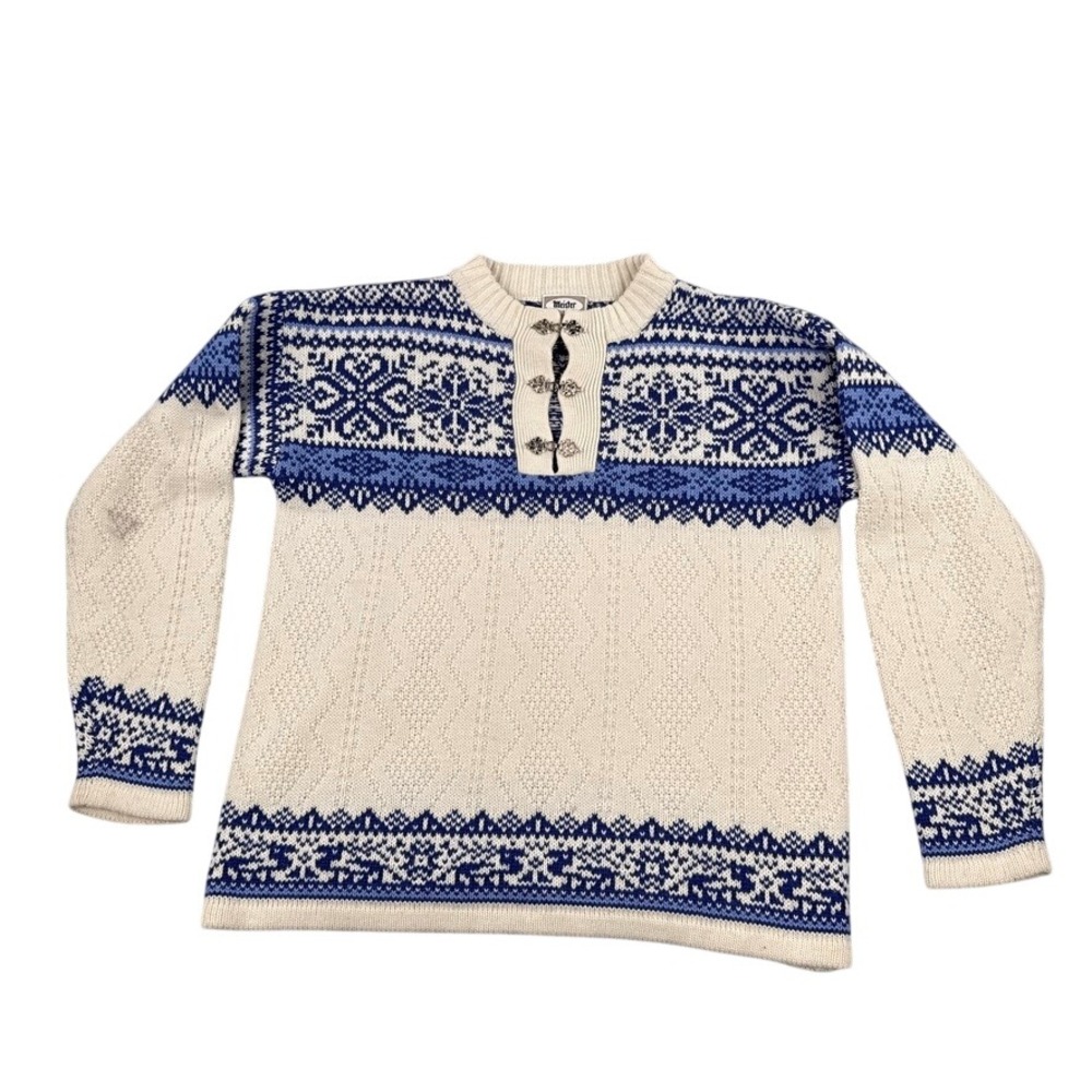 Vintage Meister Sweater M Mens Nordic Wool Blend Blue Cream Fair Isle Pewter